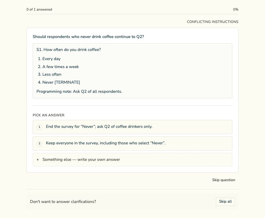 Current Questra questionnaire review flags conflicting screener instructions and offers two resolutions or a written clarification.